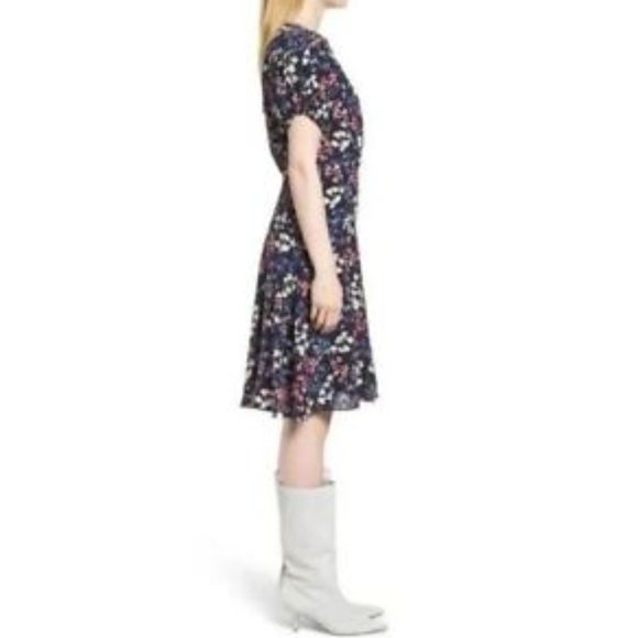 Lewit Dress 100% Silk Floral Garden A Line Navy Flounce Keyhole Cocktail Dress 6 - Picture 5 of 15